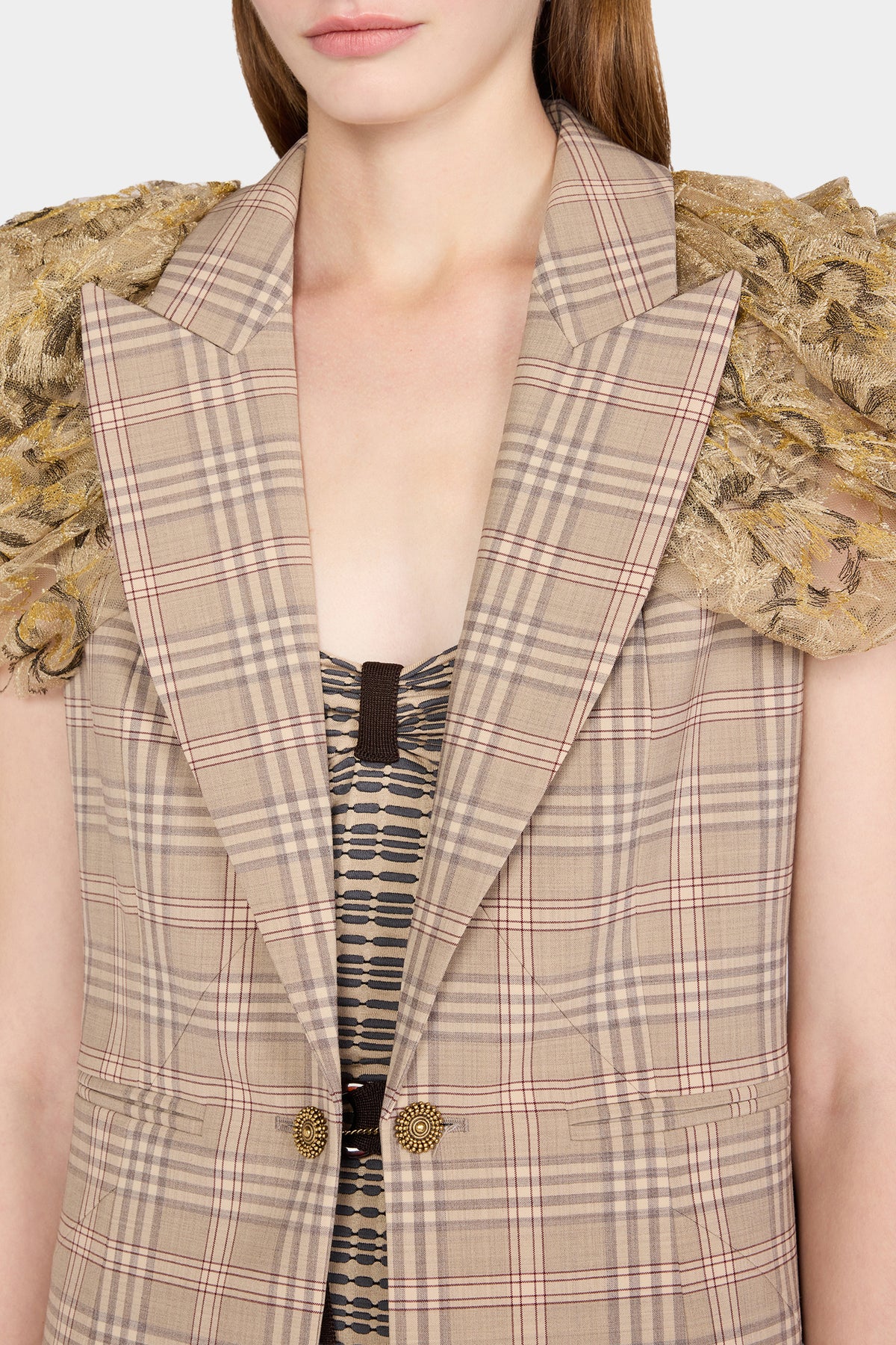 Checked Short-Sleeve Blazer with Lace Shoulders