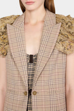 Checked Short-Sleeve Blazer with Lace Shoulders