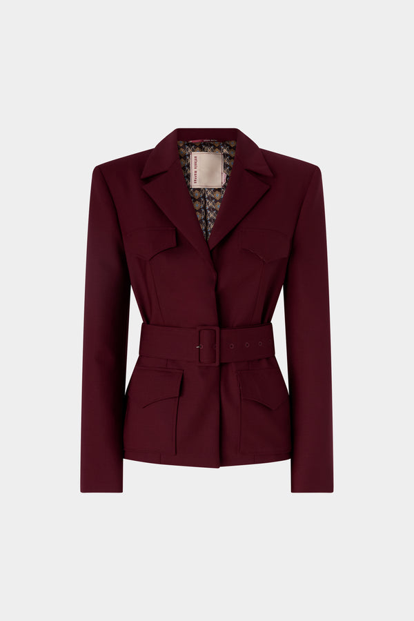 Burgundy Belted Wool Blazer