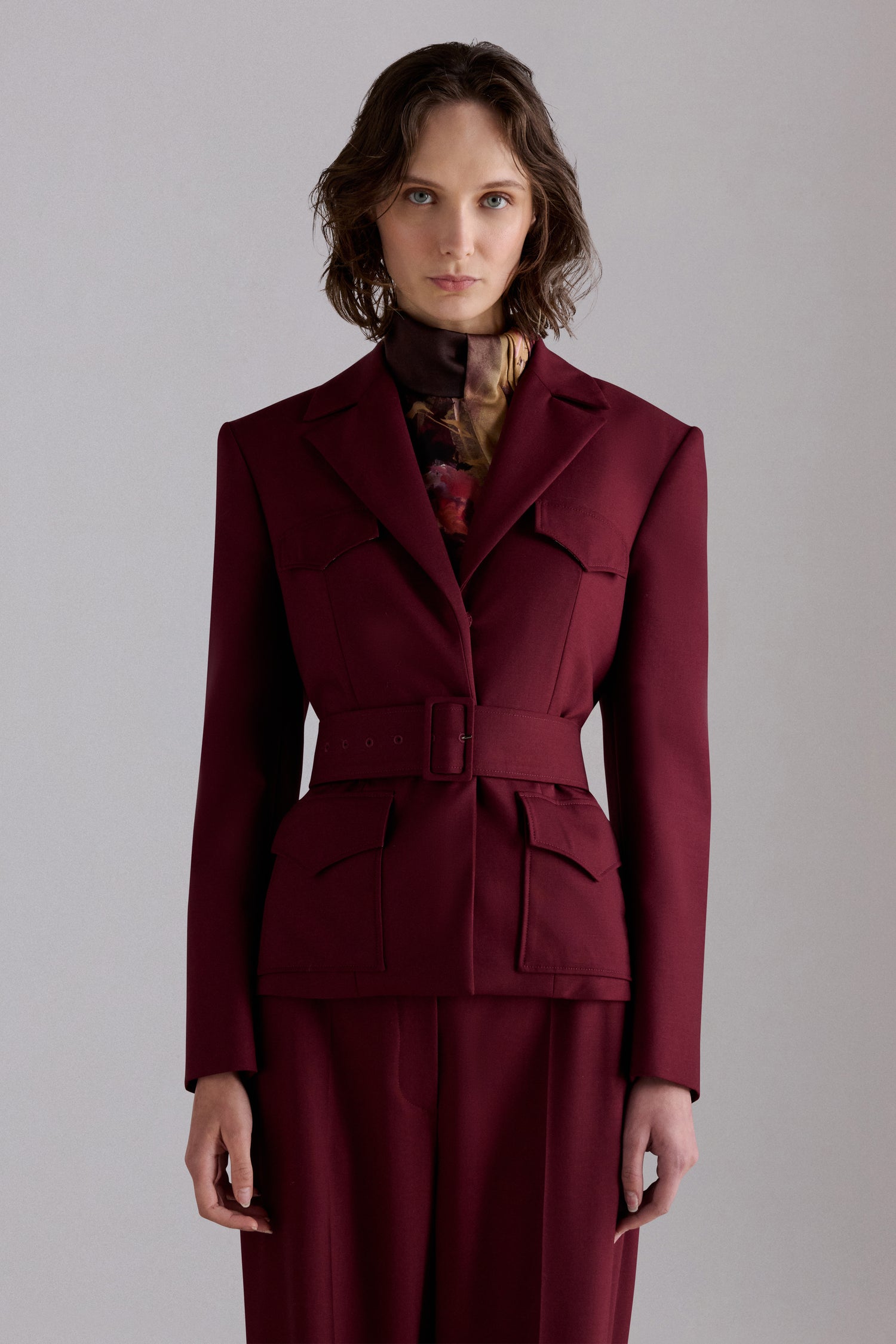 Burgundy Belted Wool Blazer