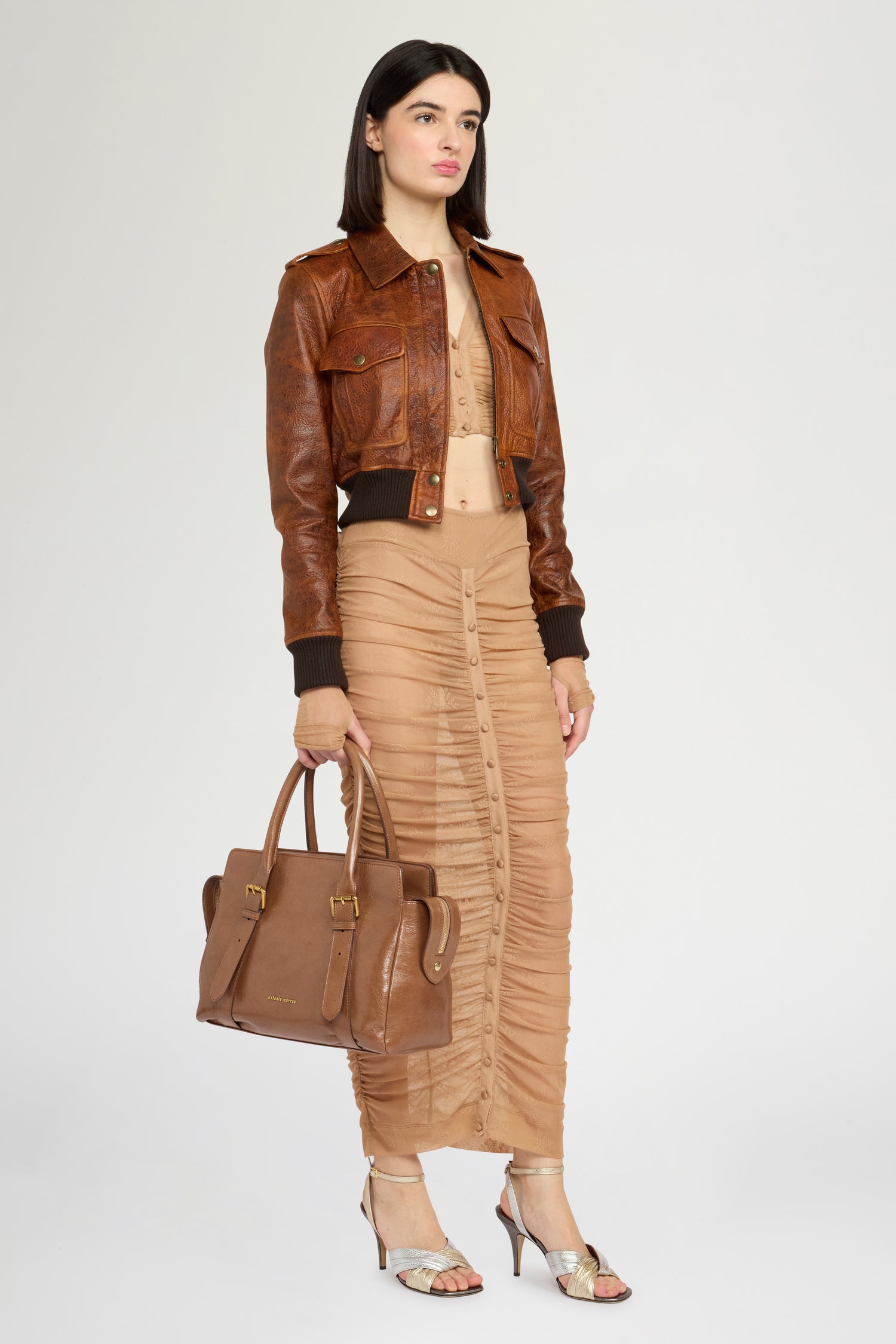 Beige Stretch Lace Longuette Skirt
