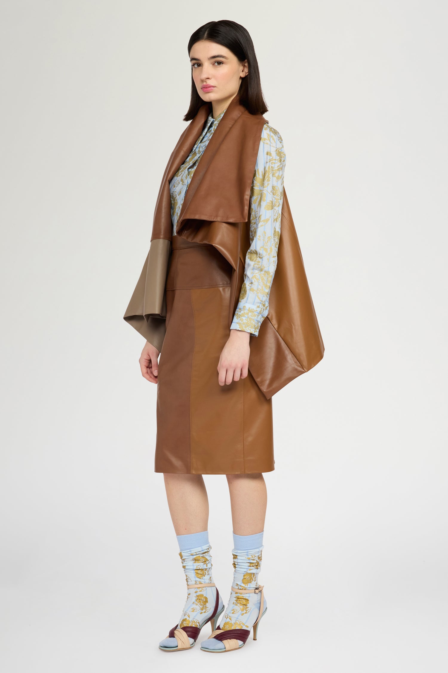 Patchwork Leather Midi Skirt In Cognac