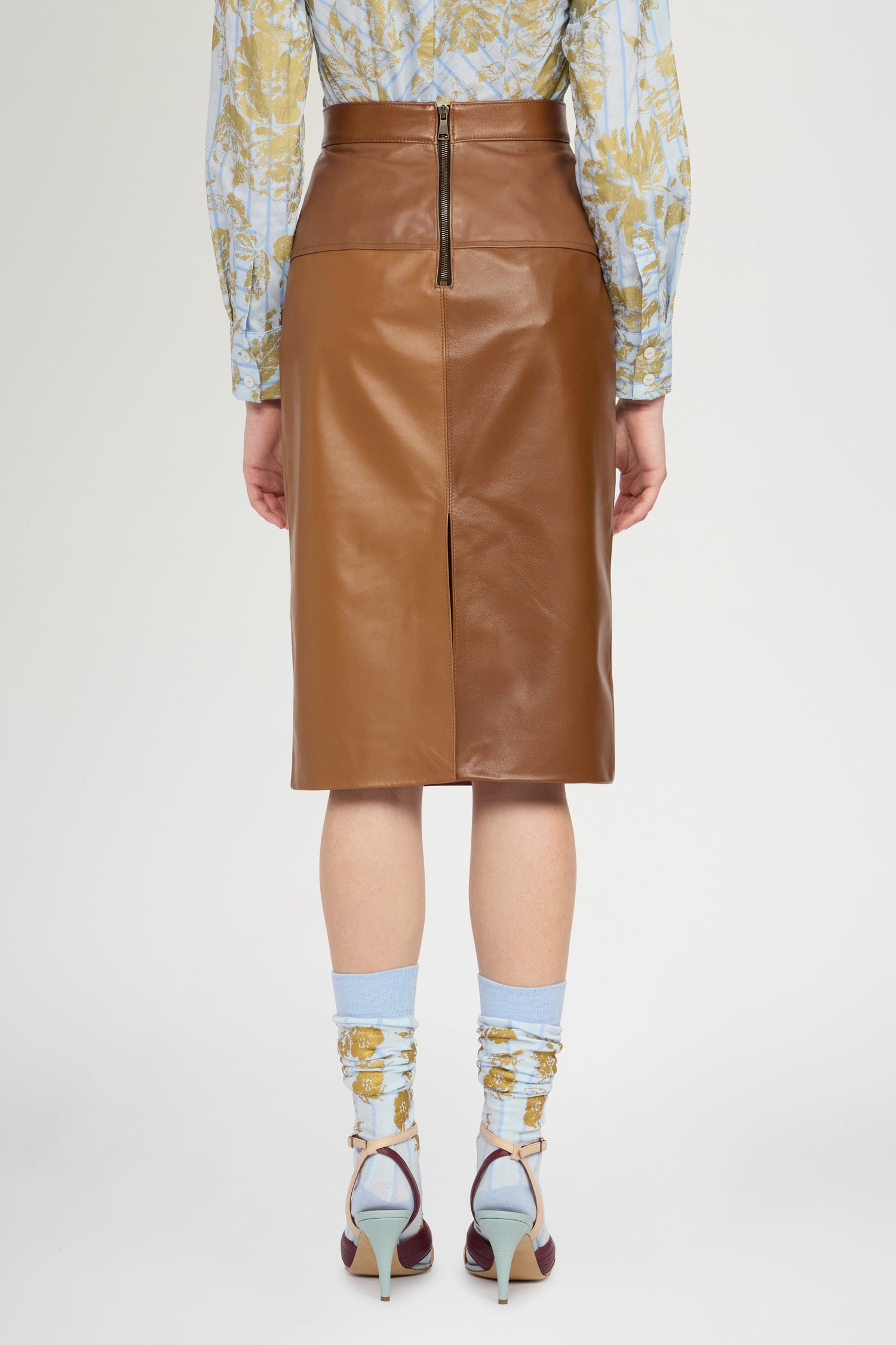 Patchwork Leather Midi Skirt In Cognac