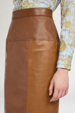 Patchwork Leather Midi Skirt In Cognac