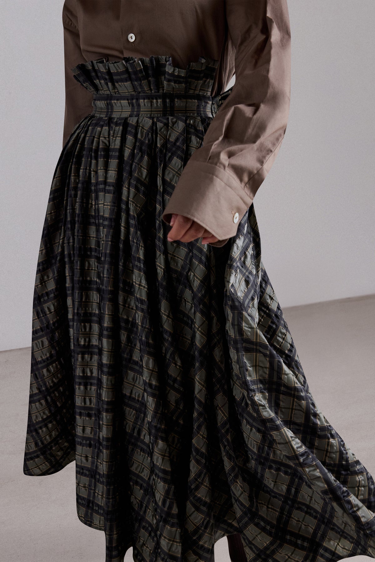 Crinkled Check Midi Skirt