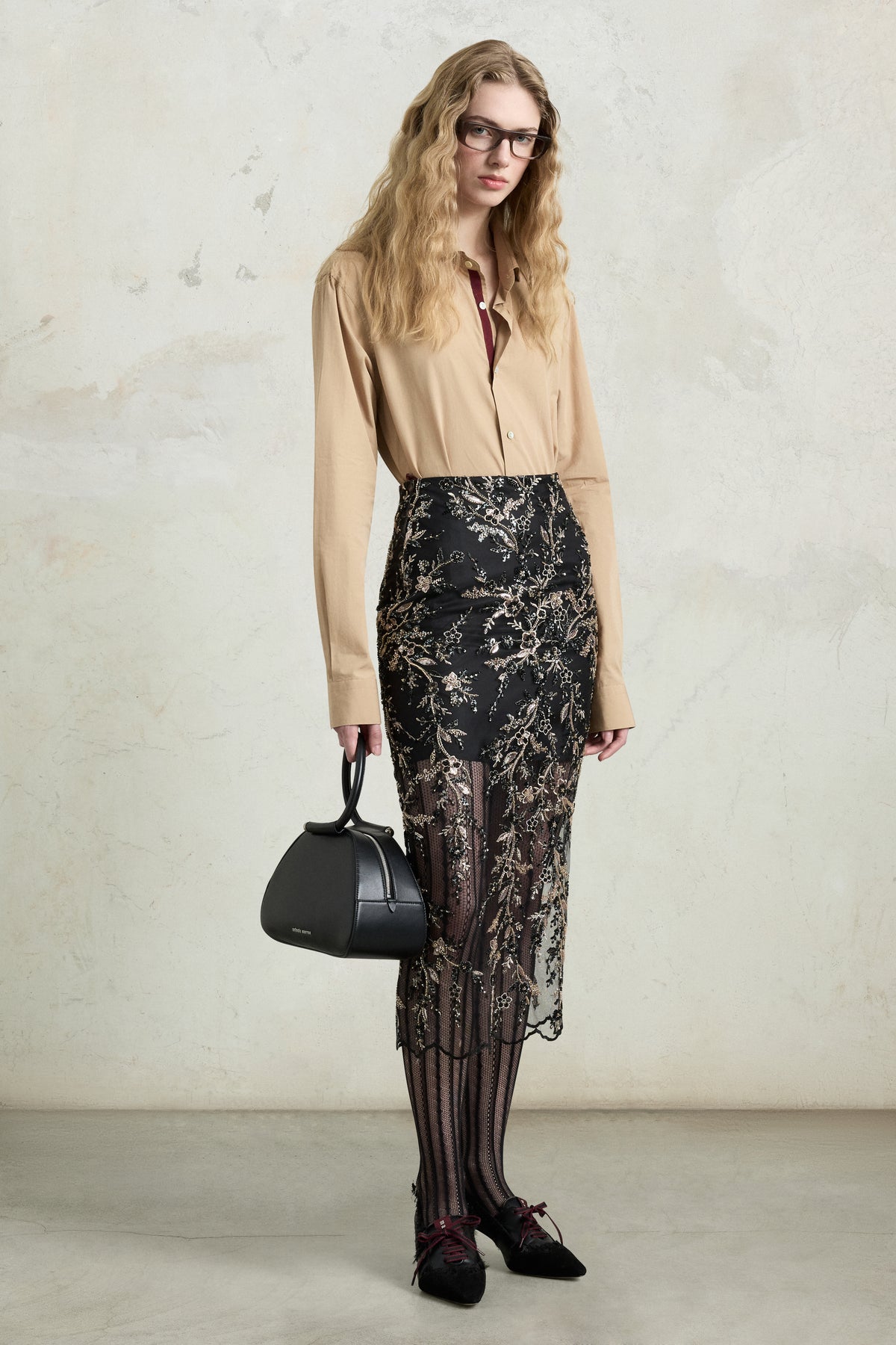Gonna a tubino in tulle ricamato