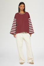 Bordeaux T-shirt with Striped Sleeves