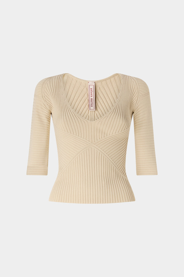 Short-sleeve ribbed top in beige