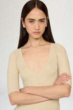 Short-sleeve ribbed top in beige