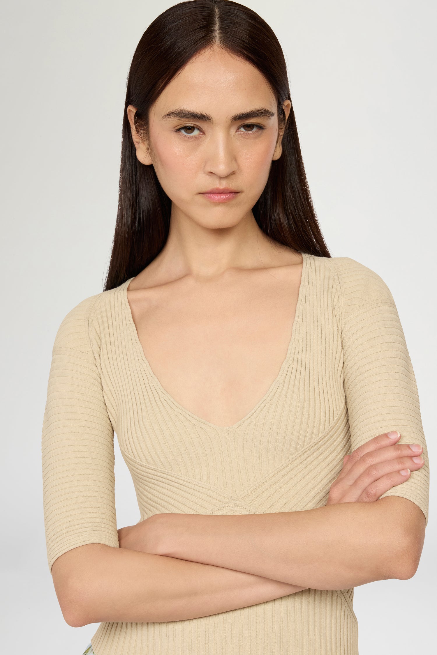 Short-sleeve ribbed top in beige