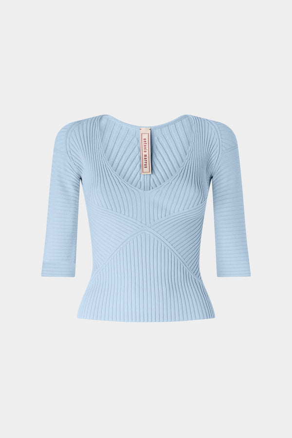 Short-Sleeve Ribbed Top in Light Blue