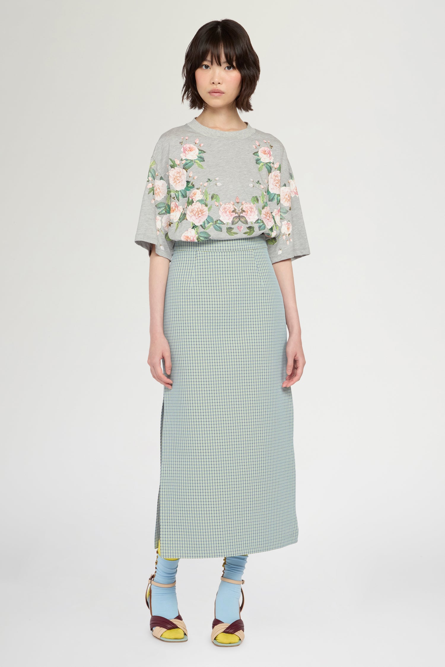 Grey Melange Floral Print T-Shirt