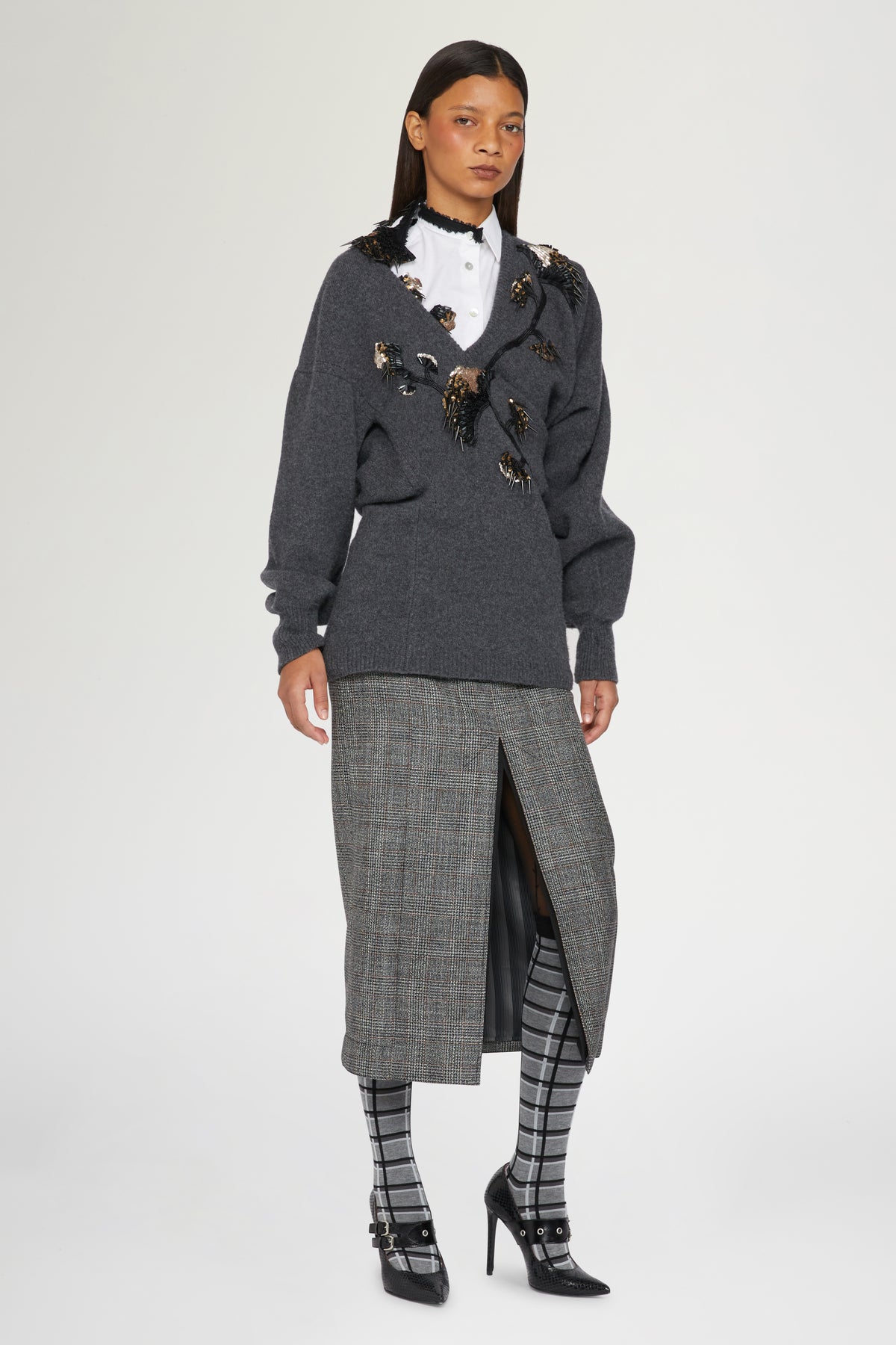 Asymmetric V-neck Grey Sweater