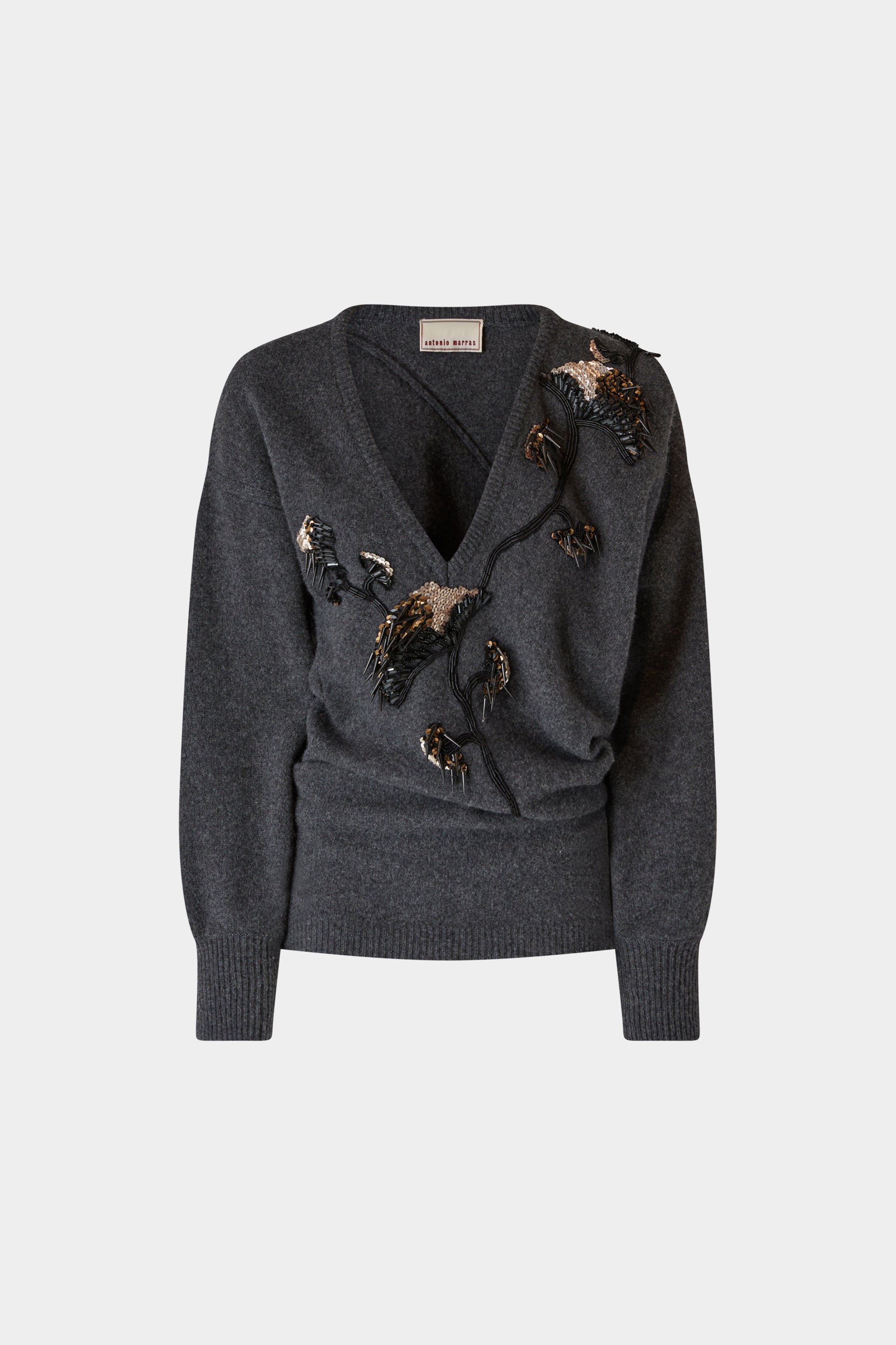 Maglione Grigio con Scollo a V Asimmetrico