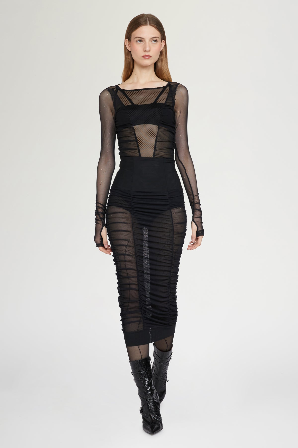Black Tulle Bodysuit with Long Sleeves