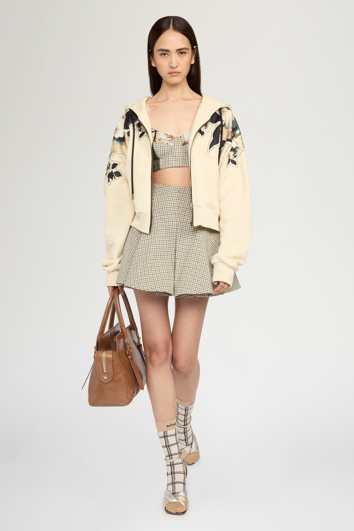 Cropped Hoodie with Floral Silk Inlays