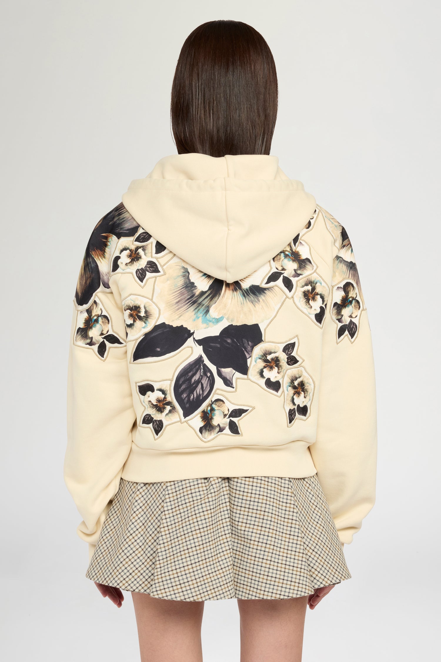 Cropped Hoodie with Floral Silk Inlays