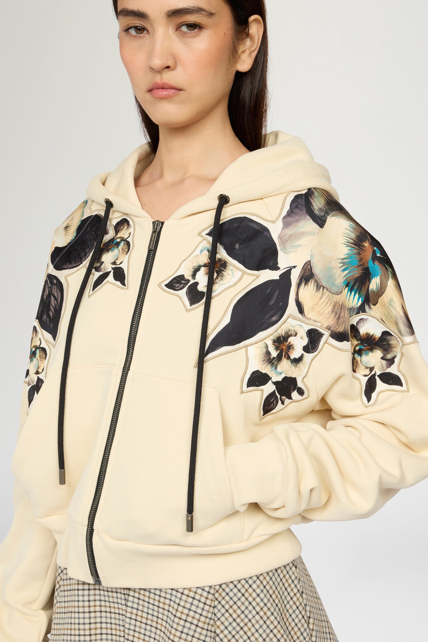 Cropped Hoodie with Floral Silk Inlays