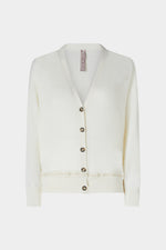 Cardigan in Cashmere Avorio con Scollo a V e Dettagli a Contrasto