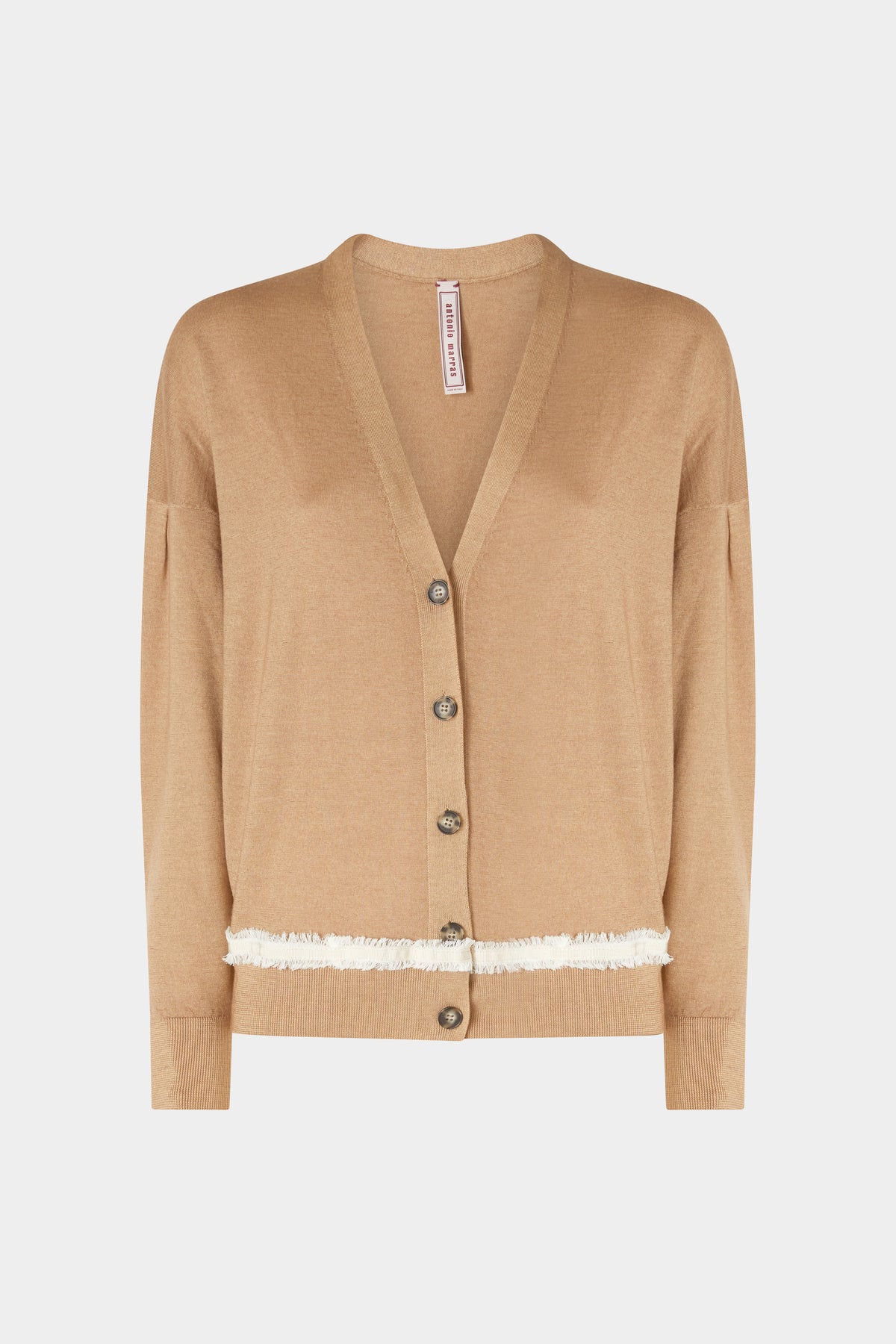 Cardigan in Cashmere Cammello con Scollo a V e Dettagli a Contrasto