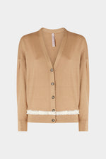 V-Neck Camel Cashmere Cardigan With Contrast Detail