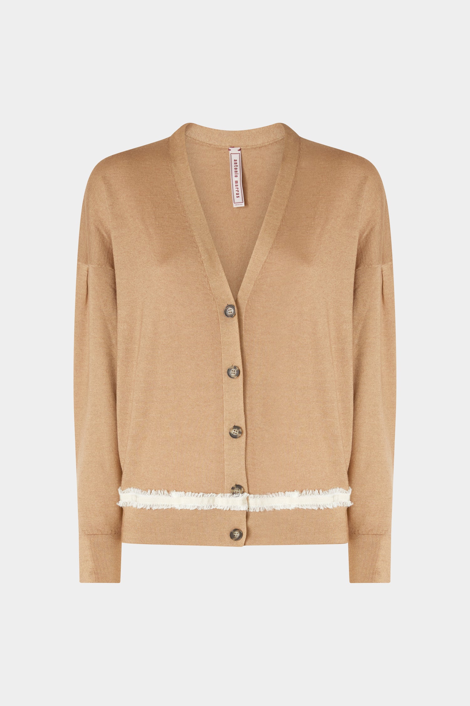 V-Neck Camel Cashmere Cardigan With Contrast Detail