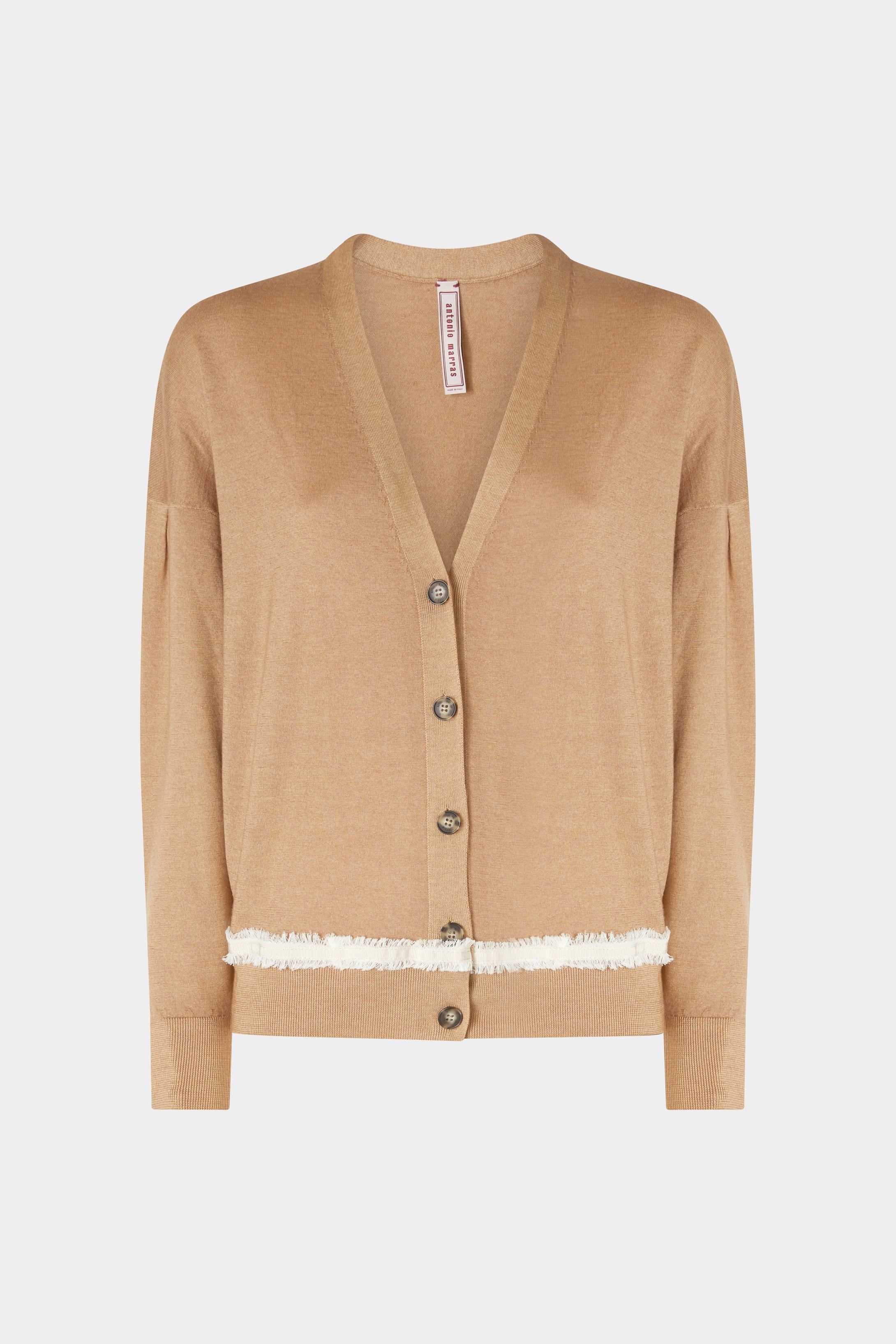 V-Neck Camel Cashmere Cardigan With Contrast Detail