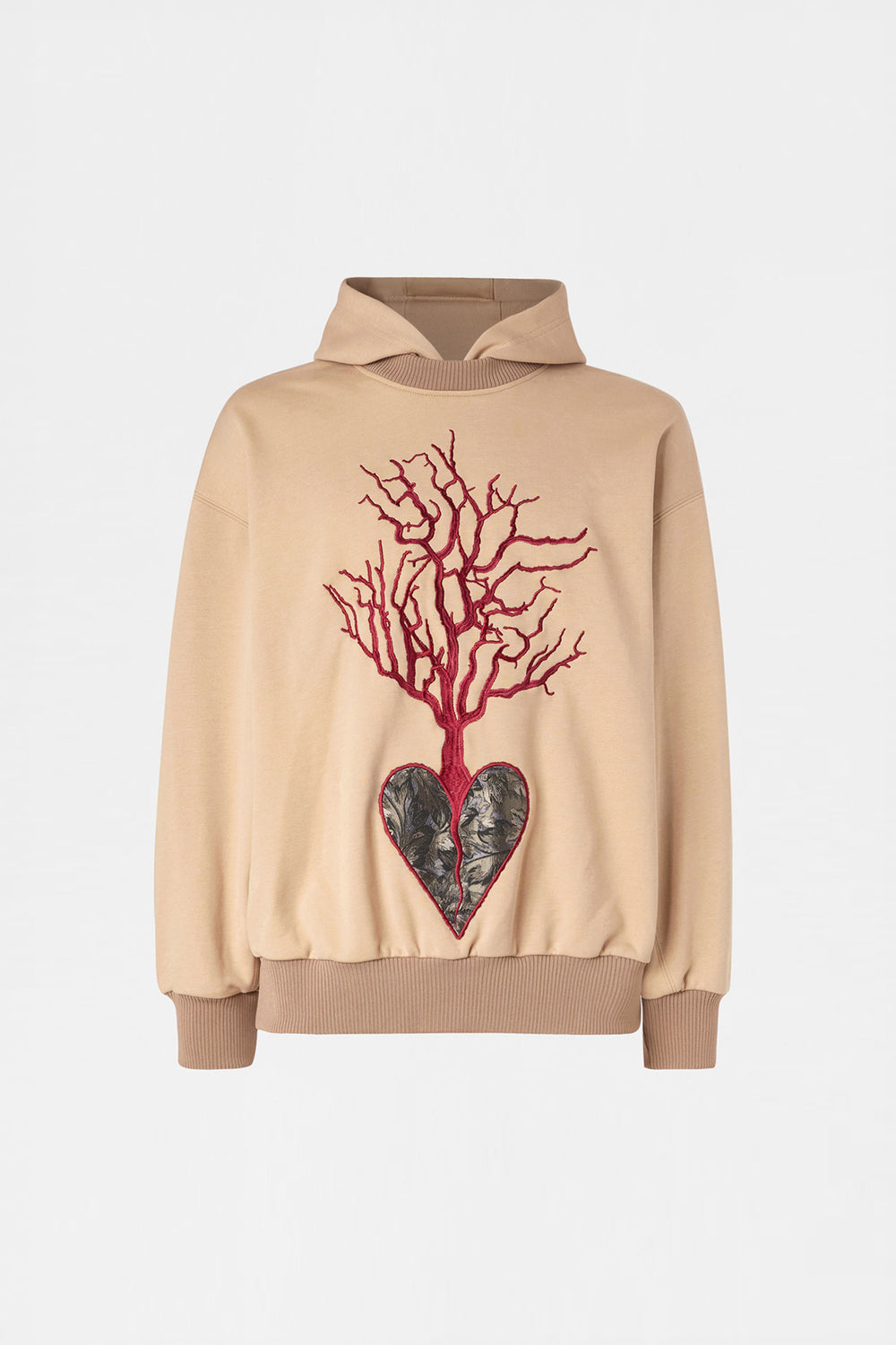 Beige Embroidered Heart Hoodie