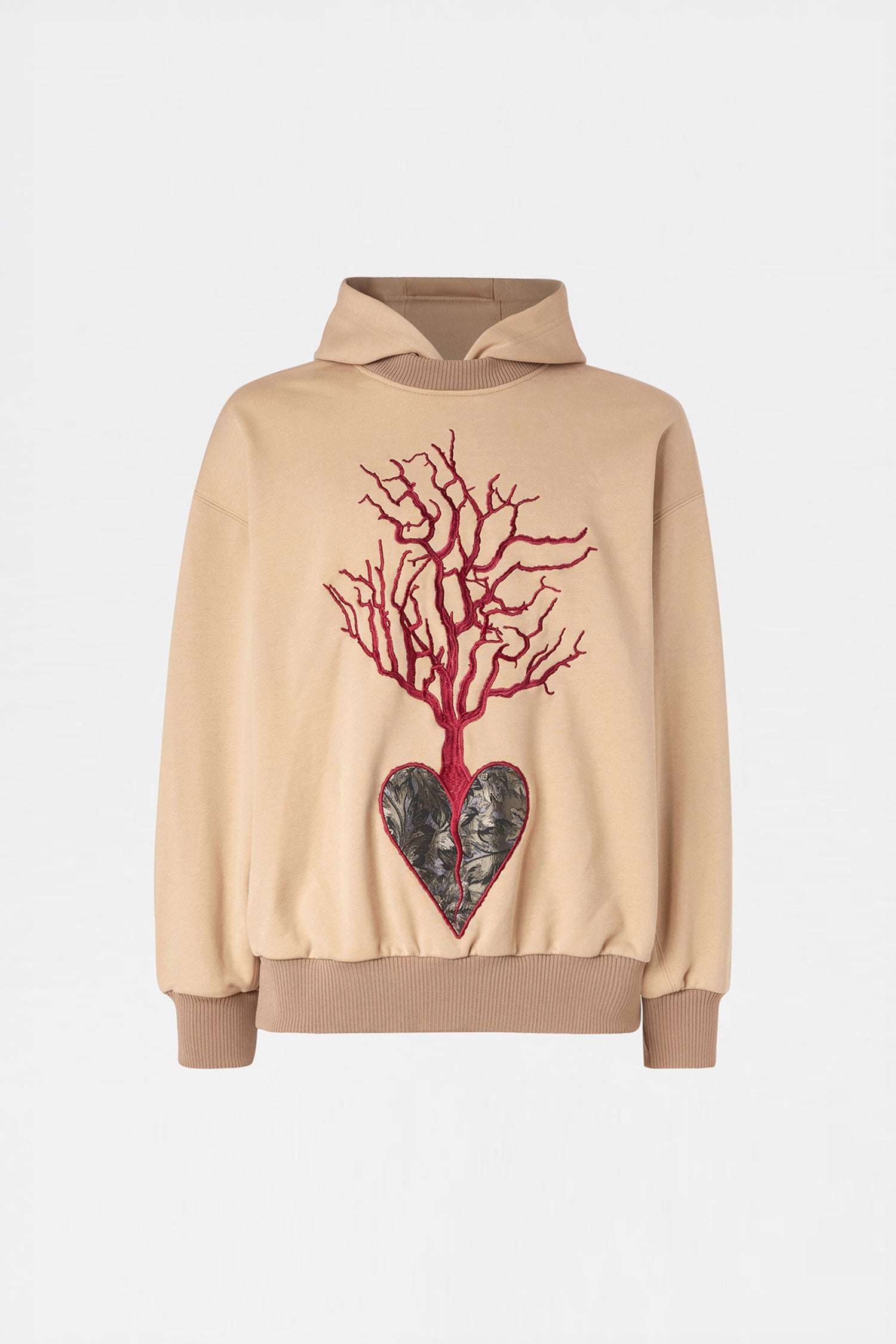Beige Embroidered Heart Hoodie