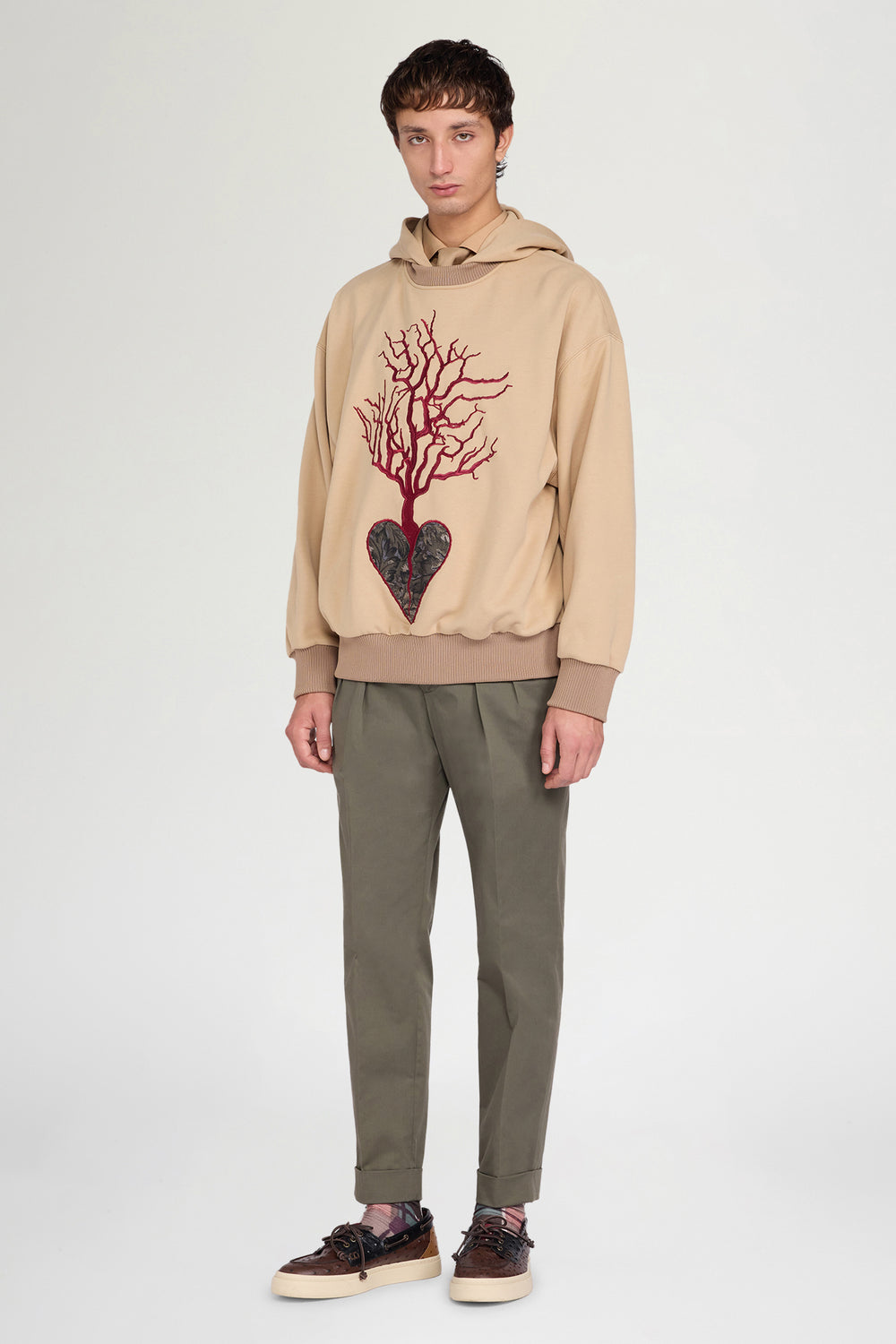 Beige Embroidered Heart Hoodie