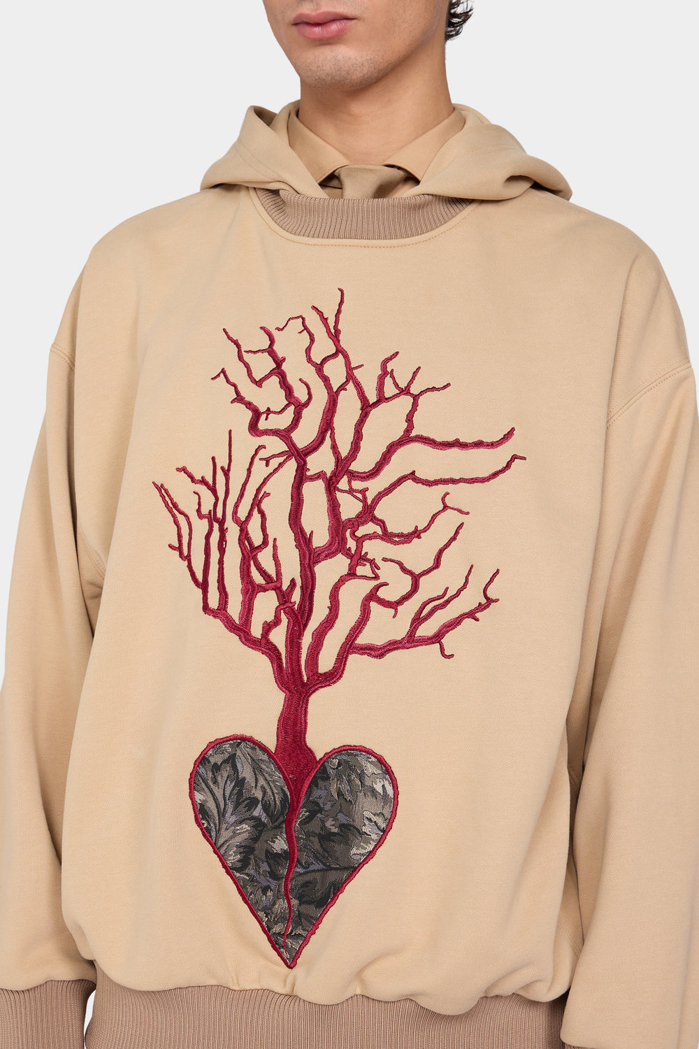 Beige Embroidered Heart Hoodie