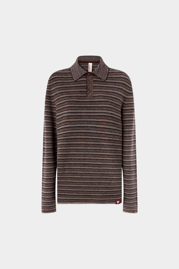 Striped Cashmere Long-Sleeved Polo Shirt