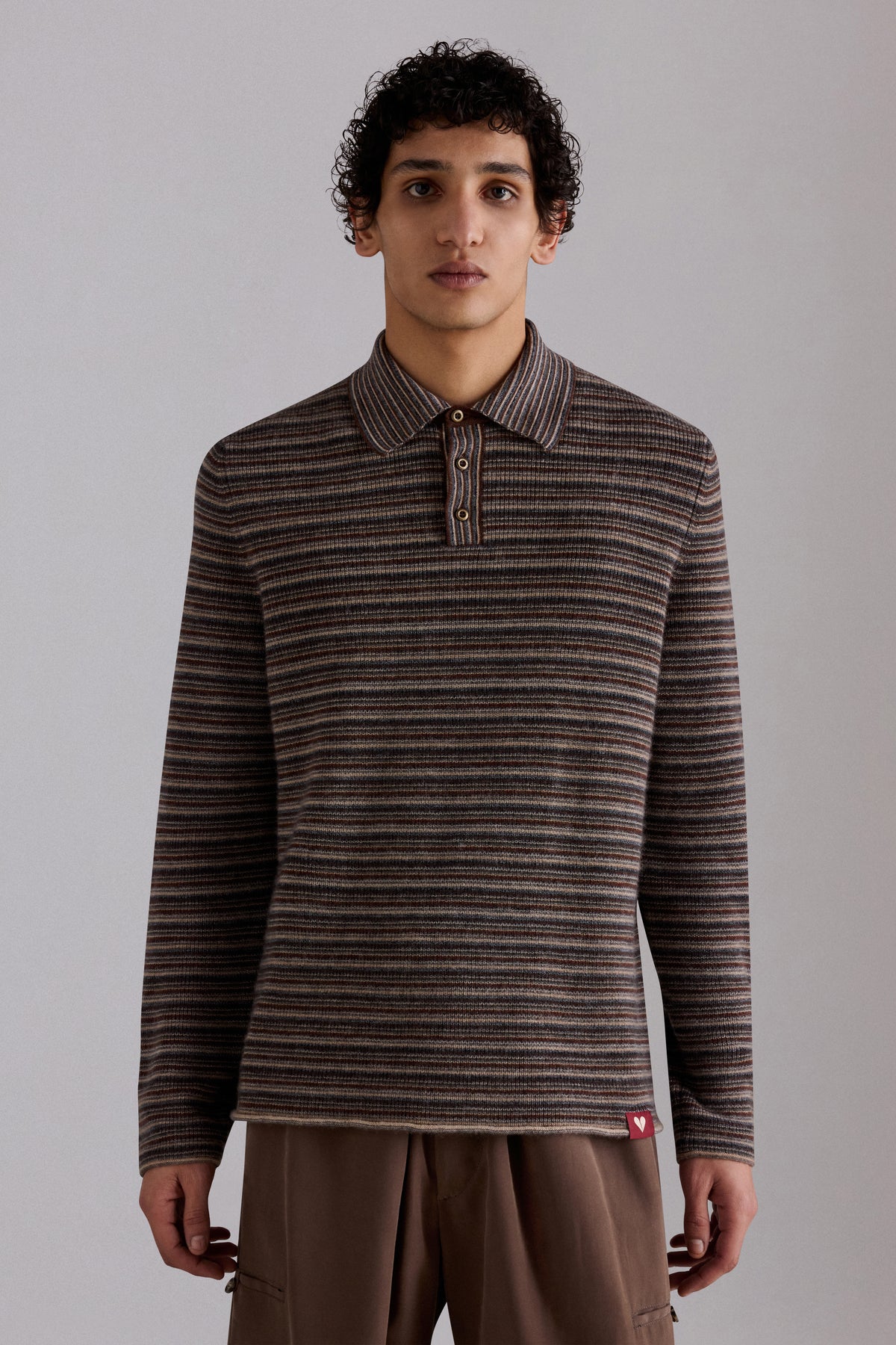 Striped Cashmere Long-Sleeved Polo Shirt