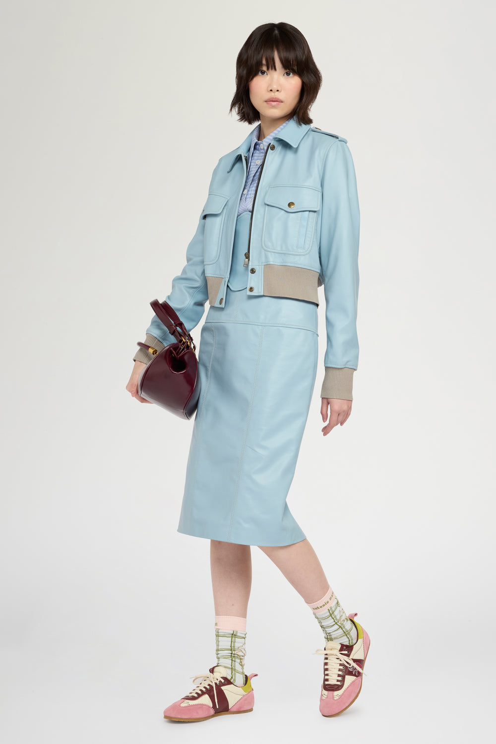 Patchwork Leather Midi Skirt In Light Blue