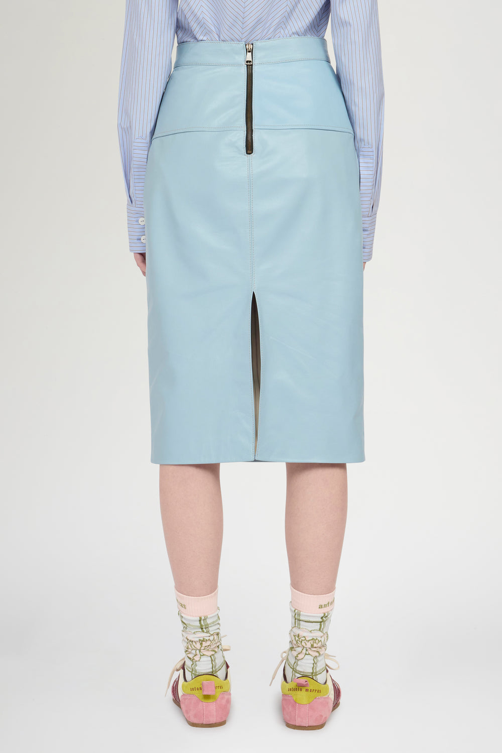Patchwork Leather Midi Skirt In Light Blue