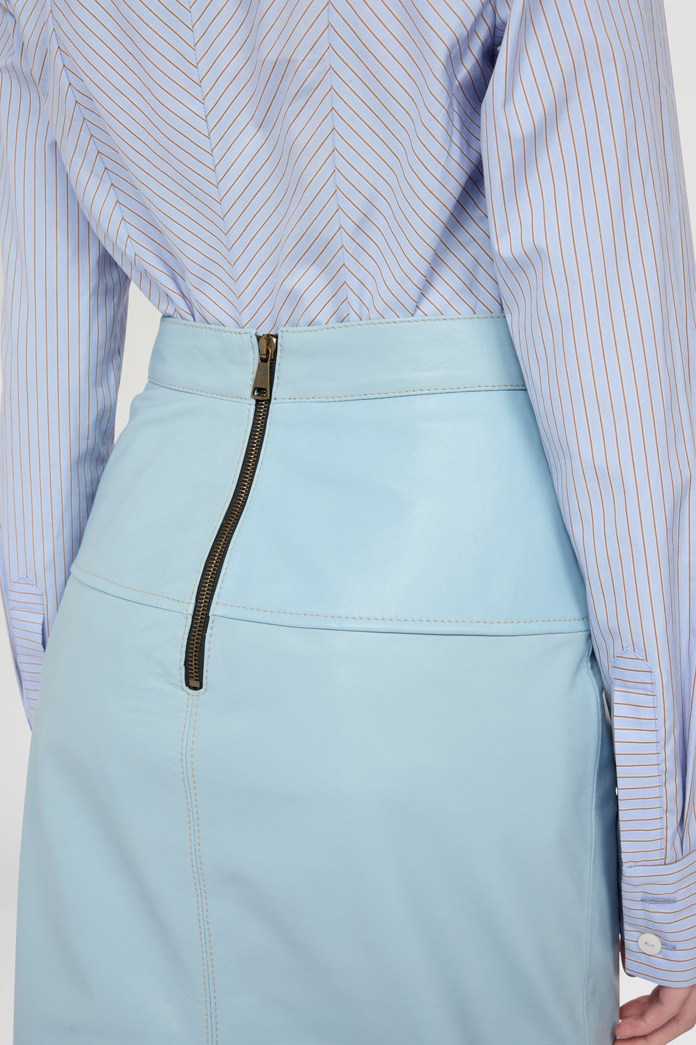 Patchwork Leather Midi Skirt In Light Blue