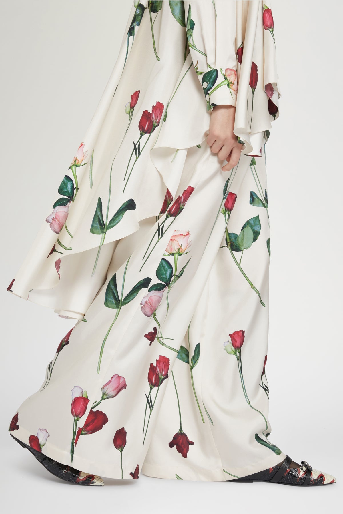 Pantaloni in Seta Avorio con Stampa Floreale