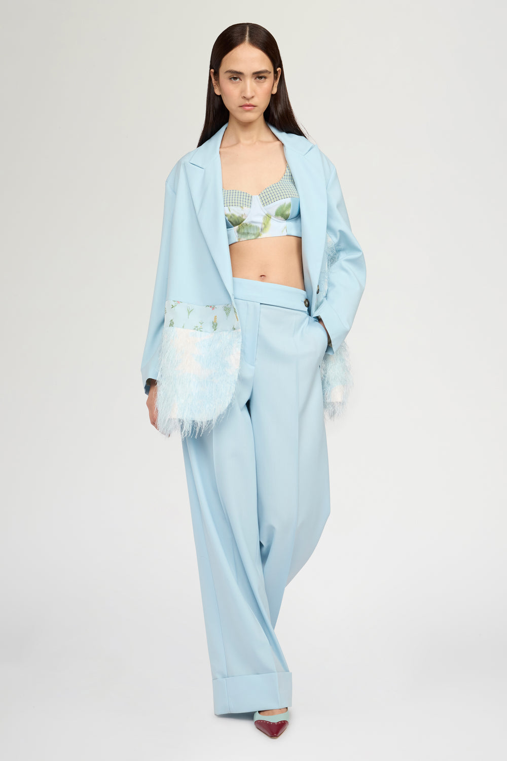 Mid-Rise Light Blue Wool Trousers with Cuffed Hem