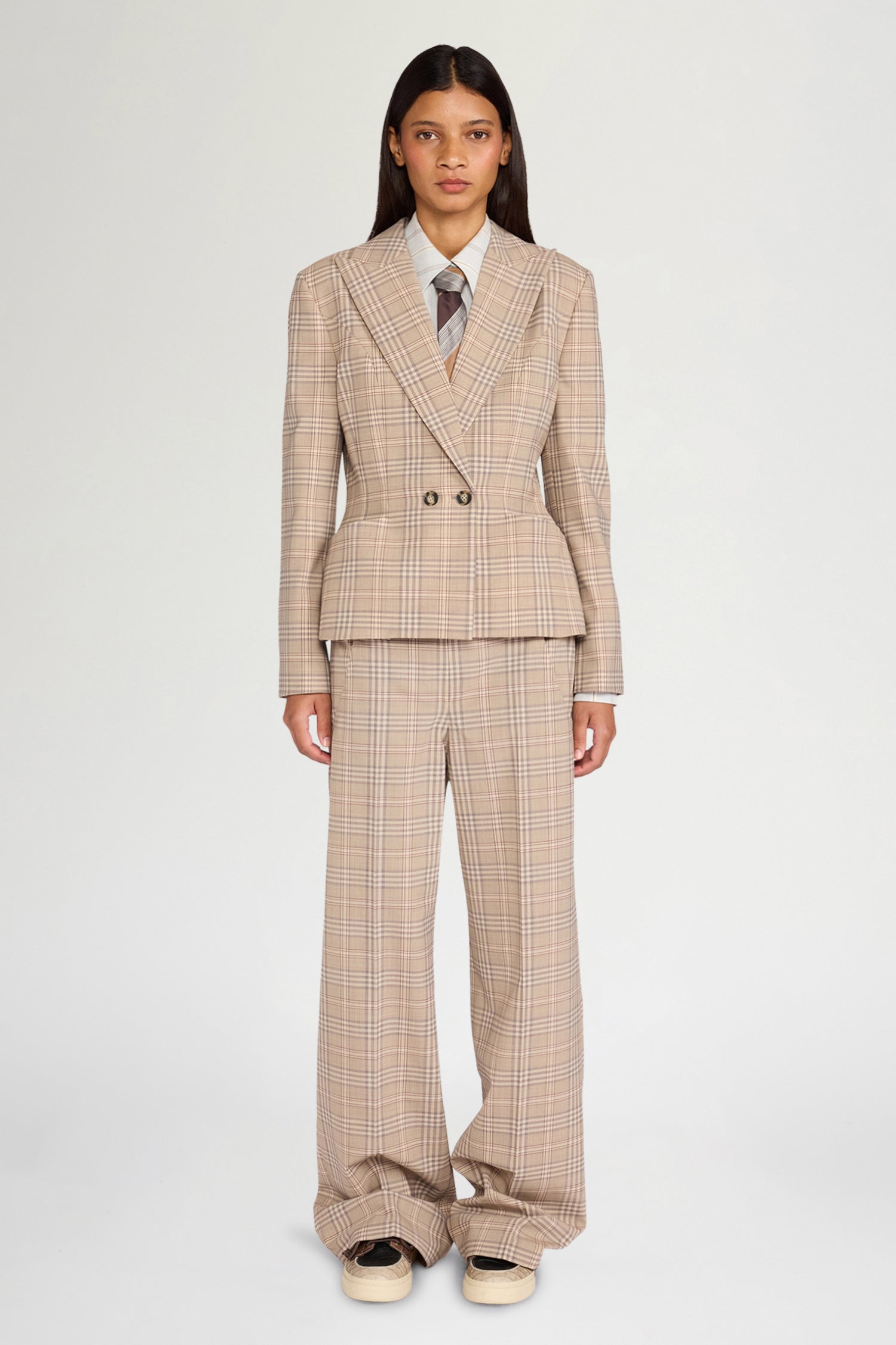 Beige Tartan Bustier Wide Pants